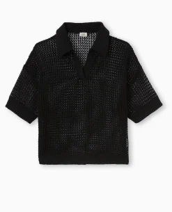 Pull Polo Manches Courtes En Maille Ajourée - Noir