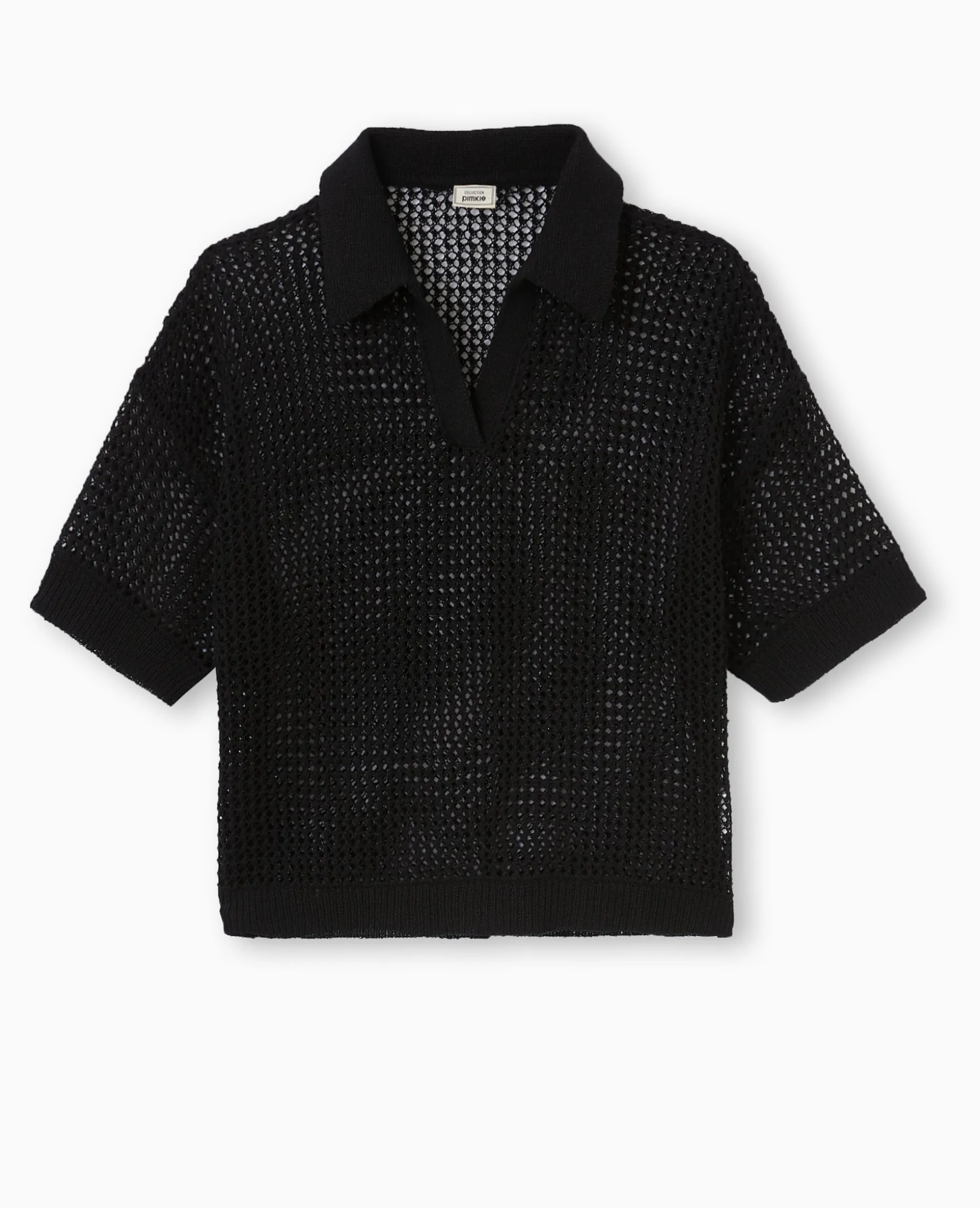 Pull Polo Manches Courtes En Maille Ajourée - Noir