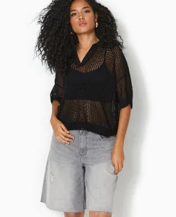 Pull Polo Manches Courtes En Maille Ajourée - Noir