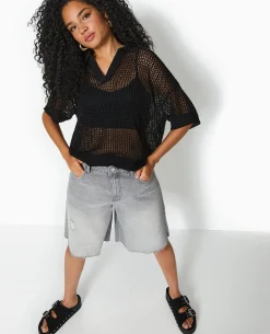 Pull Polo Manches Courtes En Maille Ajourée - Noir