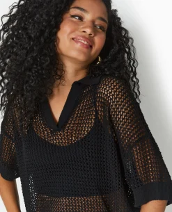 Pull Polo Manches Courtes En Maille Ajourée - Noir