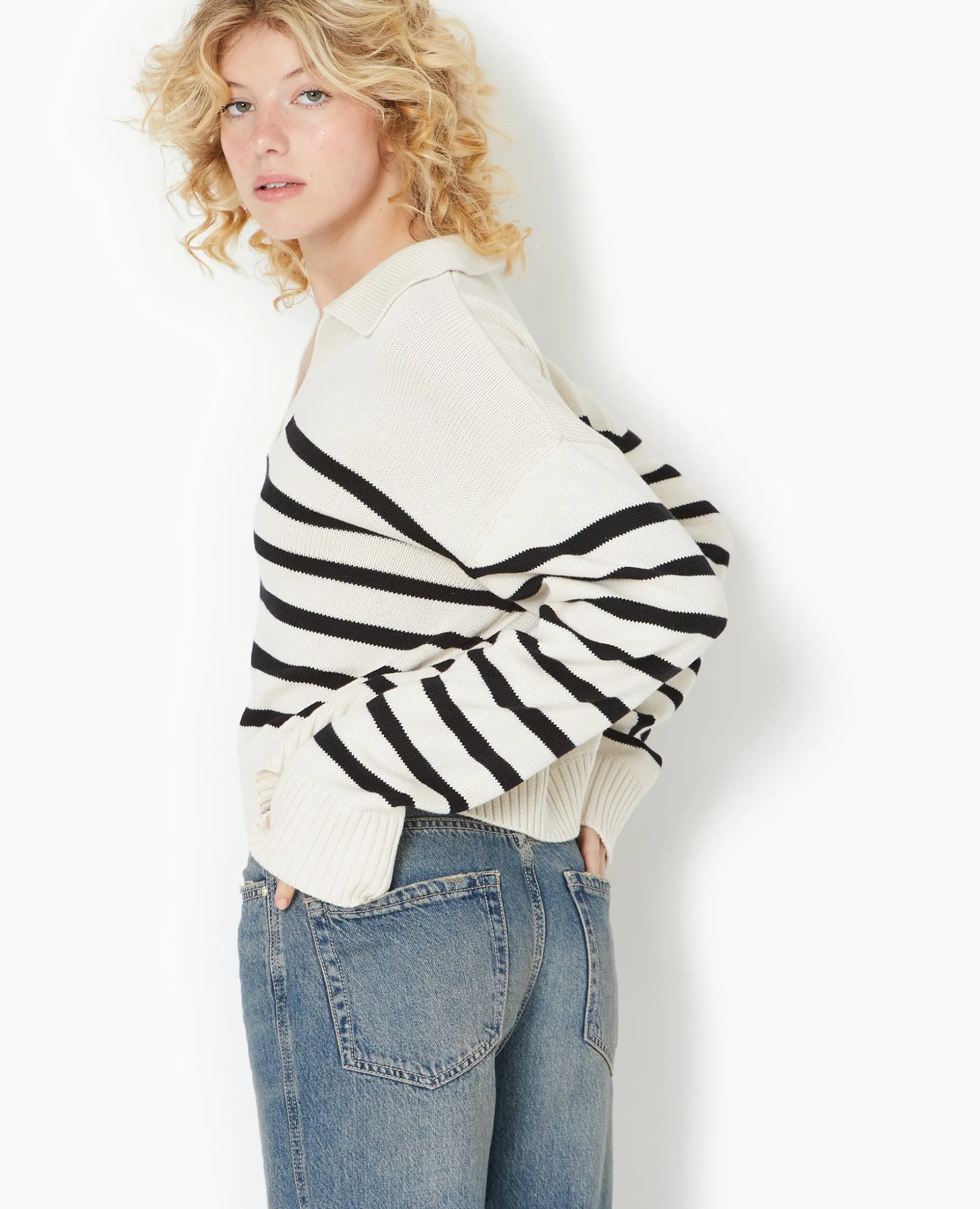 Pull Rayé Col Polo - Blanc