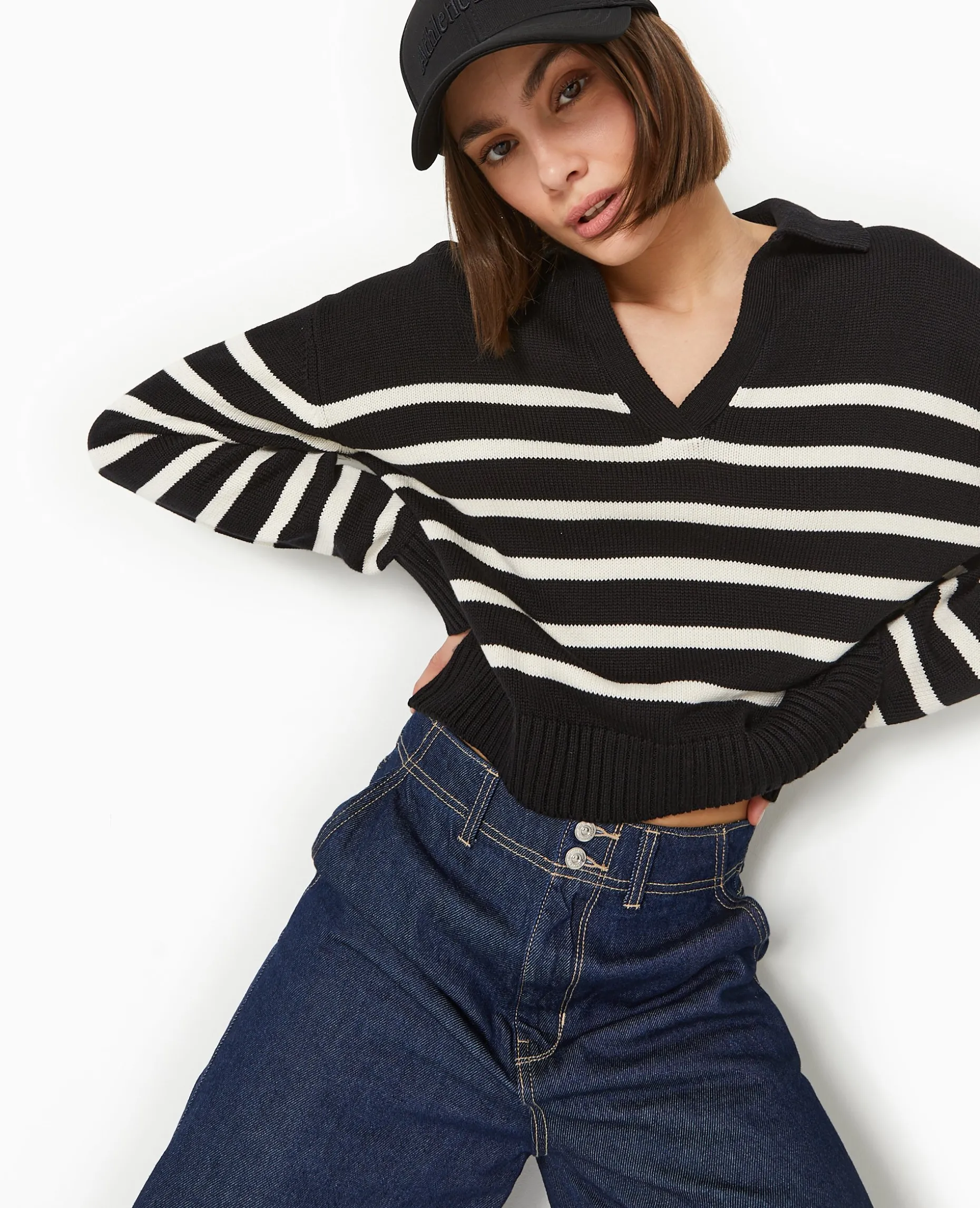Pull Rayé Col Polo - Noir