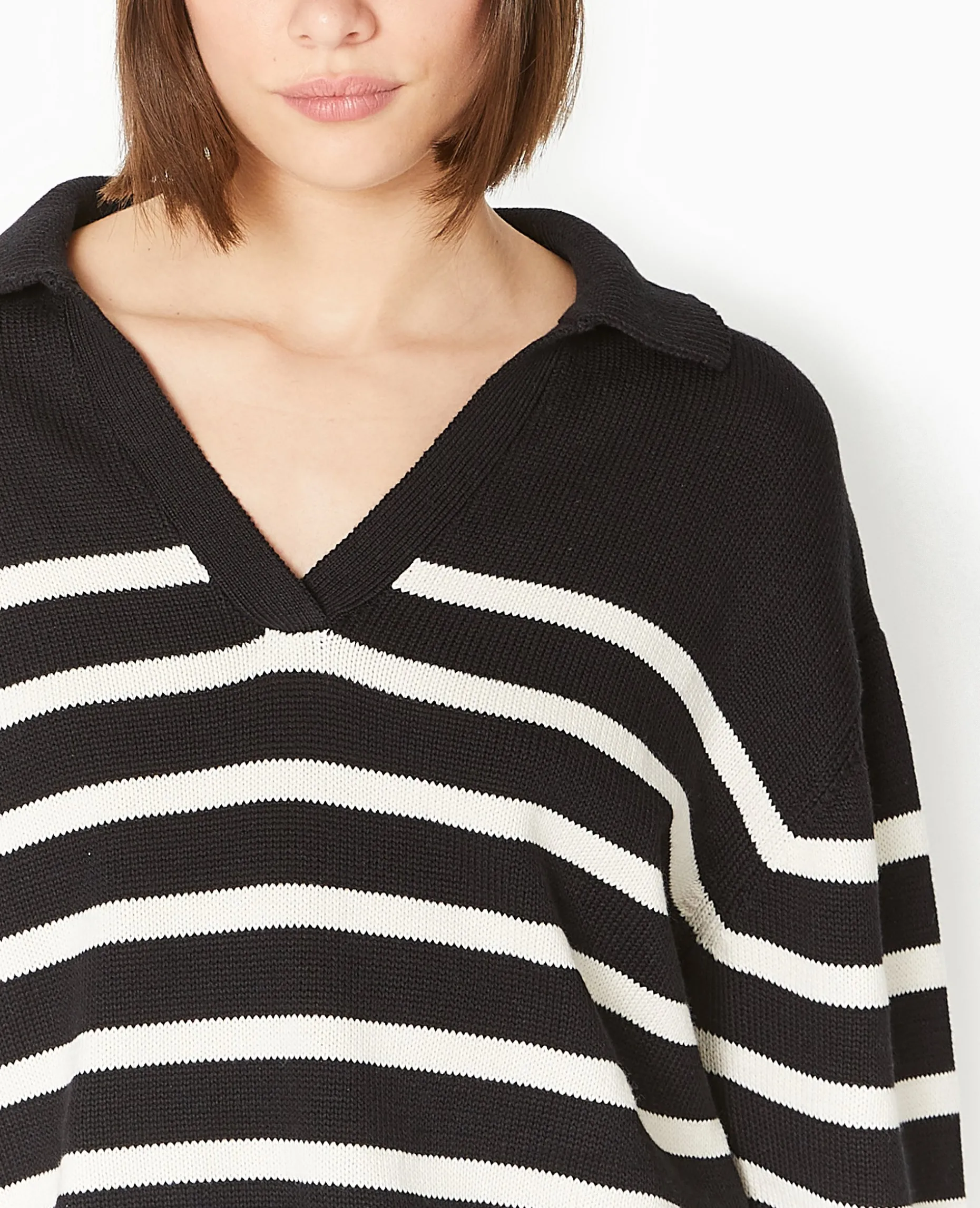 Pull Rayé Col Polo - Noir