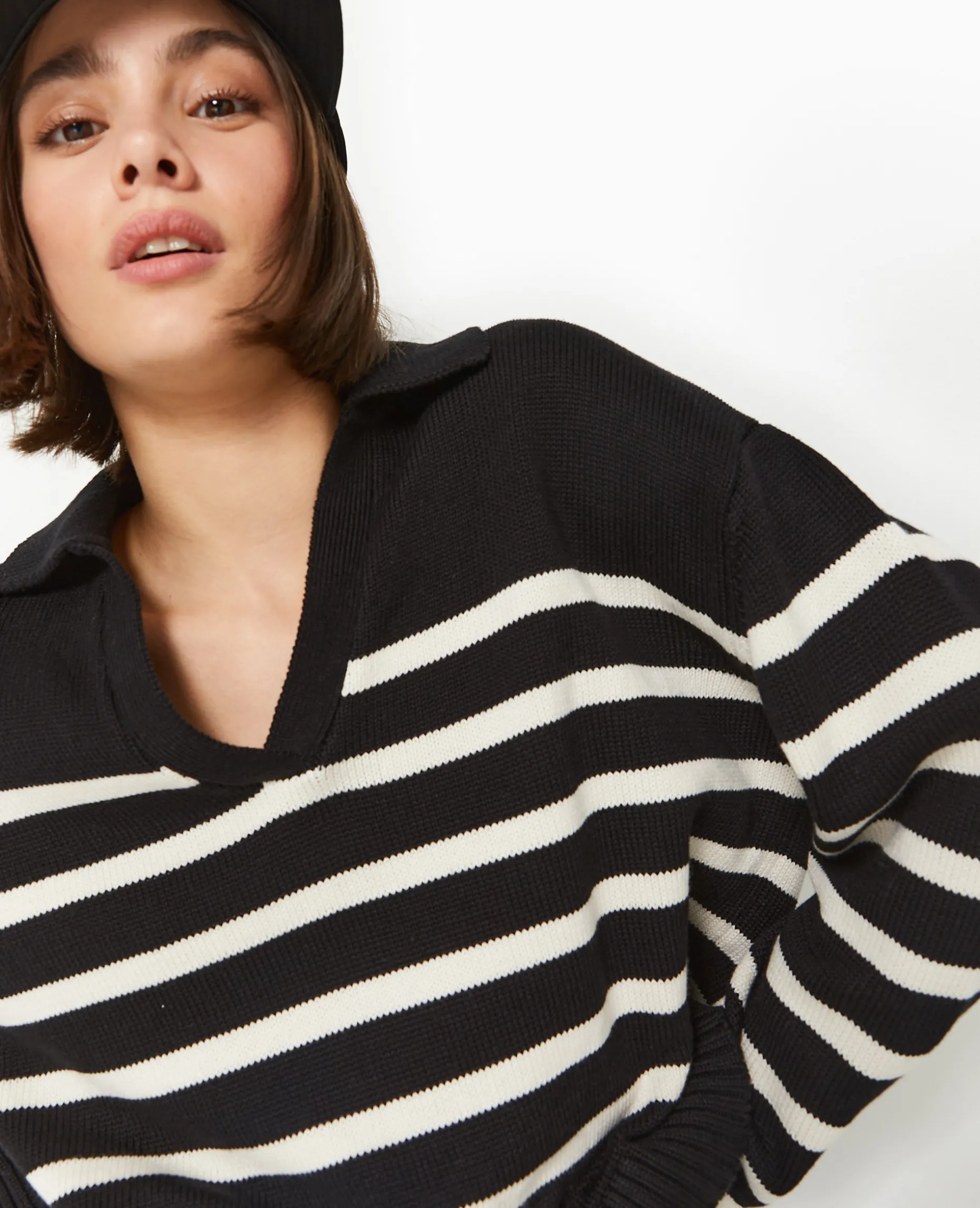 Pull Rayé Col Polo - Noir