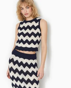 Pull Sans Manches En Maille Ajourée - Bleu Marine