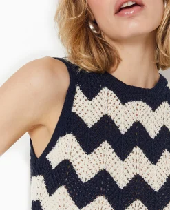 Pull Sans Manches En Maille Ajourée - Bleu Marine