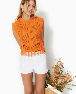 Pull Sans Manches En Maille Ajourée Et Fantaisie - Orange