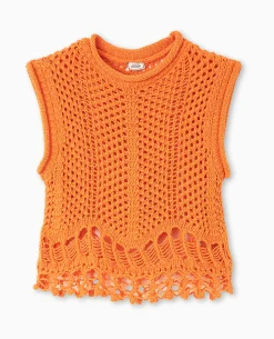 Pull Sans Manches En Maille Ajourée Et Fantaisie - Orange