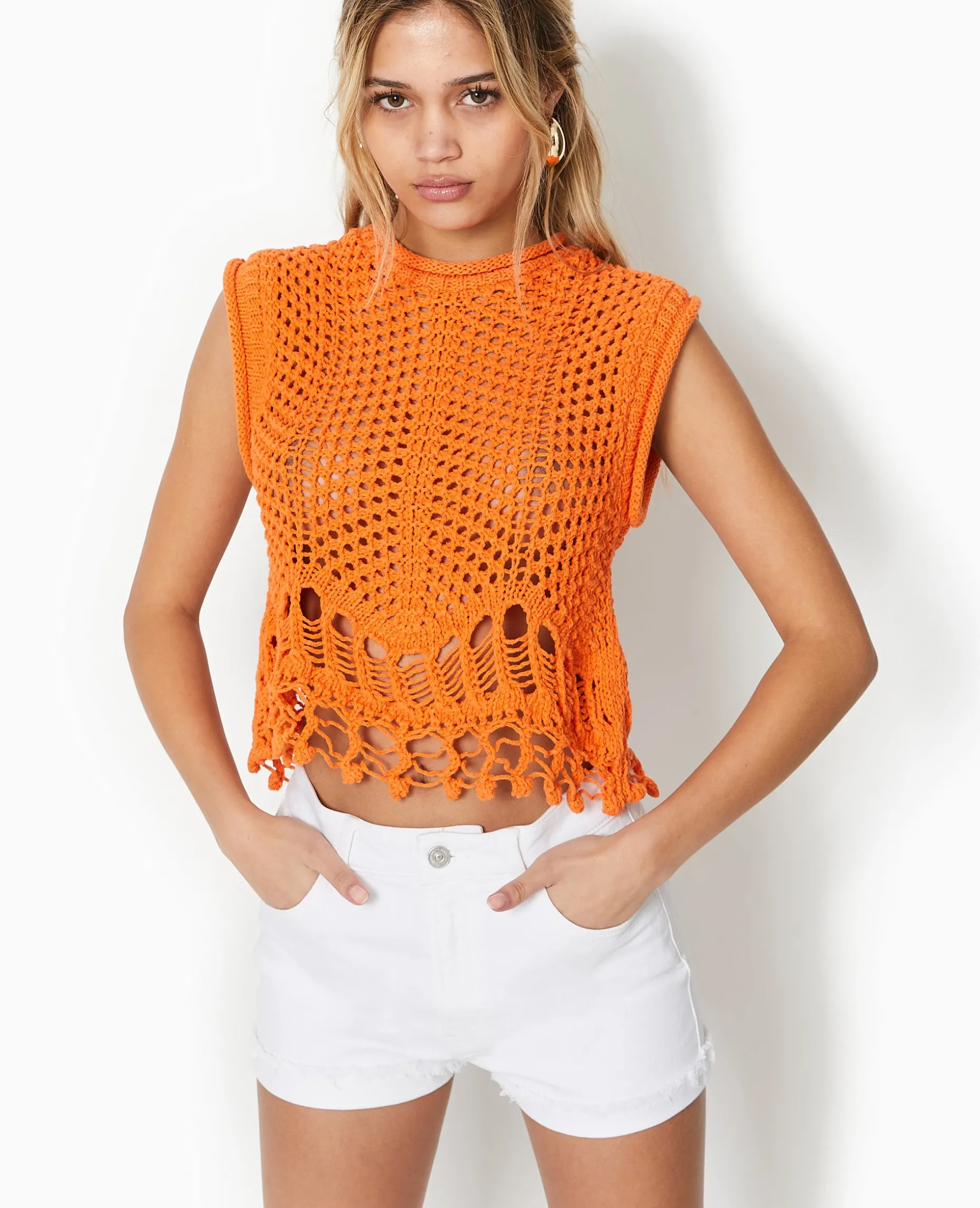 Pull Sans Manches En Maille Ajourée Et Fantaisie - Orange