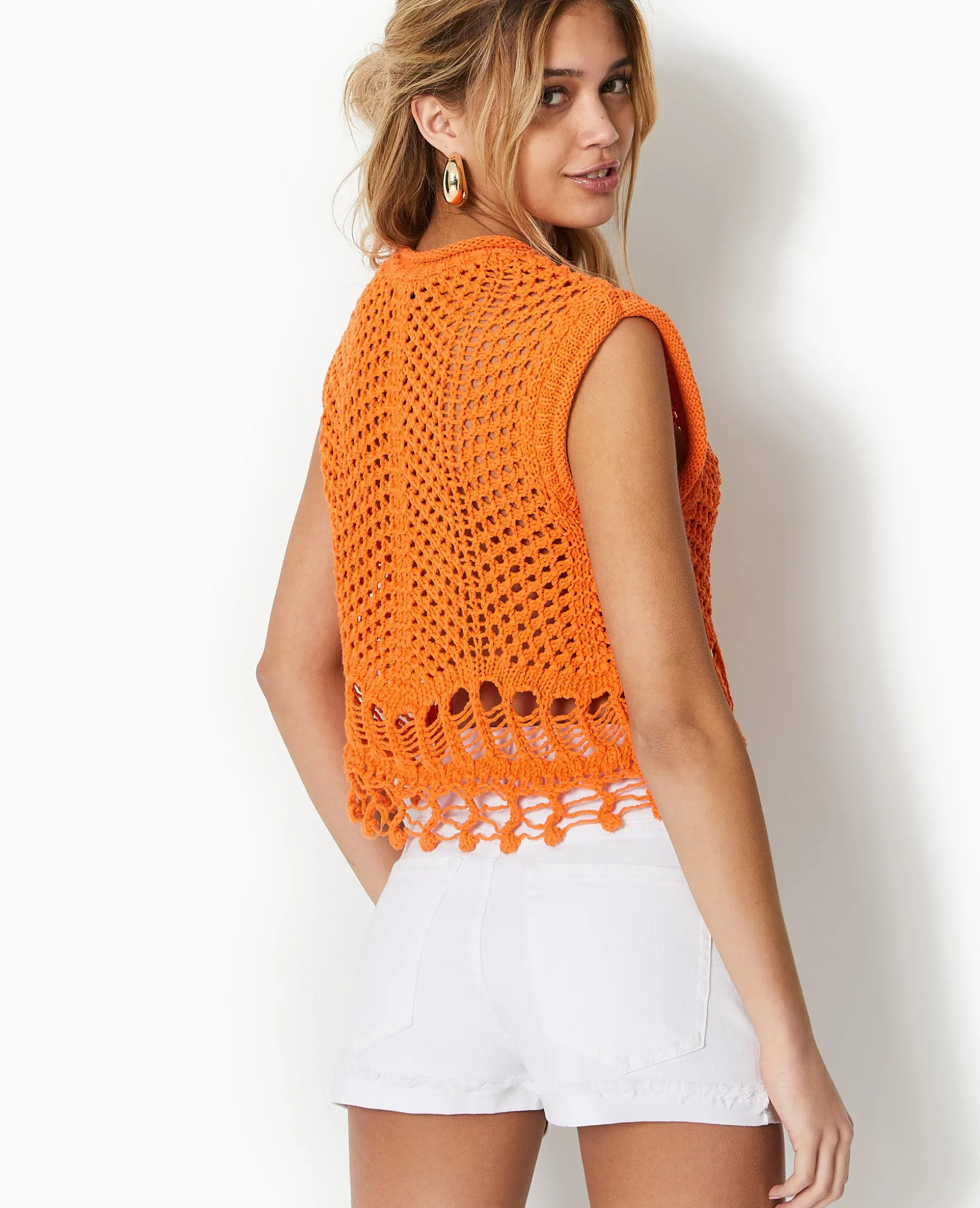 Pull Sans Manches En Maille Ajourée Et Fantaisie - Orange