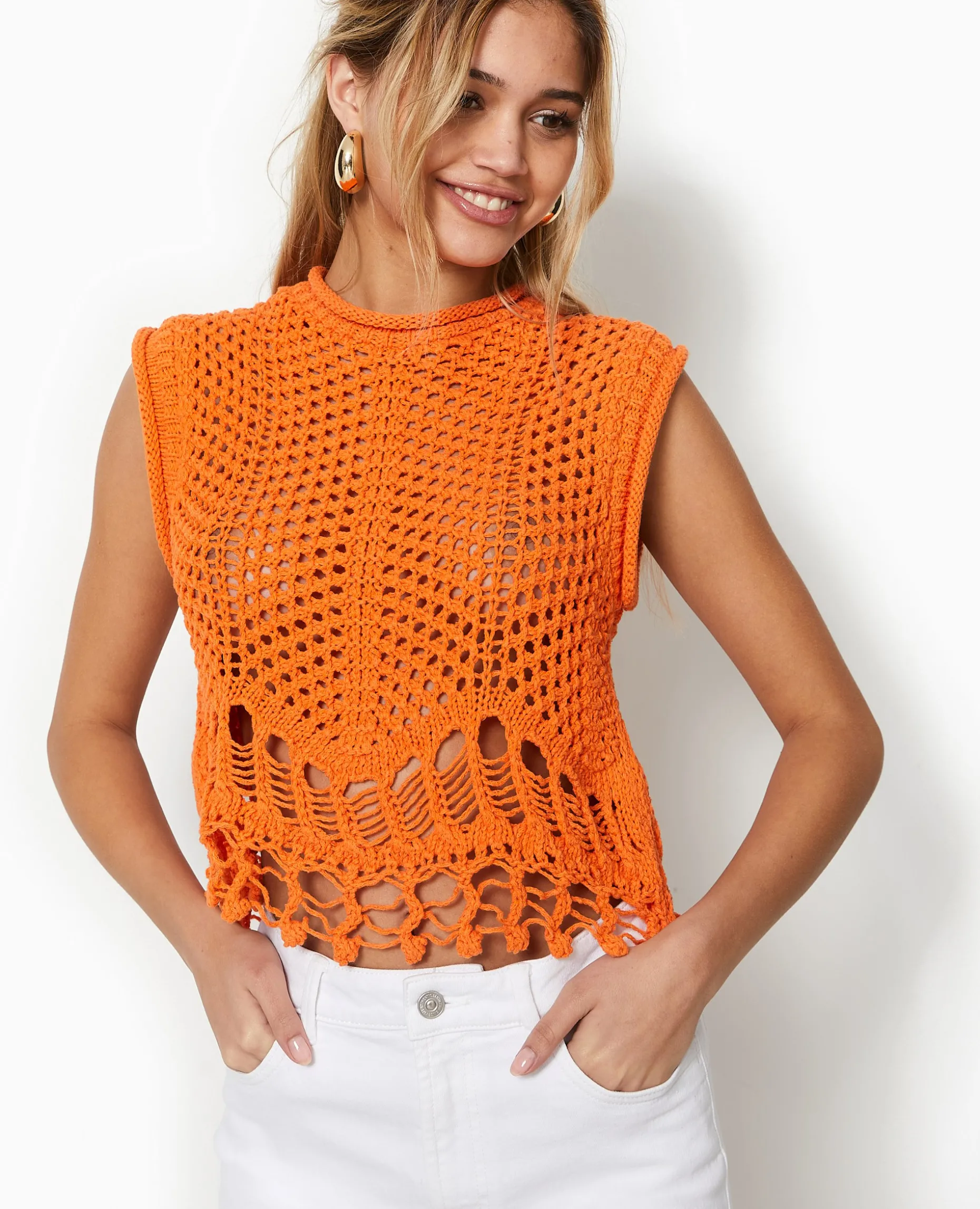 Pull Sans Manches En Maille Ajourée Et Fantaisie - Orange