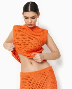 Pull Sans Manches En Maille Ajourée - Orange