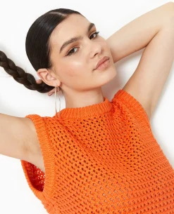 Pull Sans Manches En Maille Ajourée - Orange