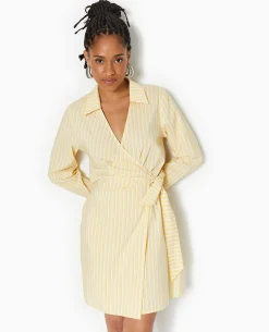 Robe Cache-cœur Courte Rayée - Beige
