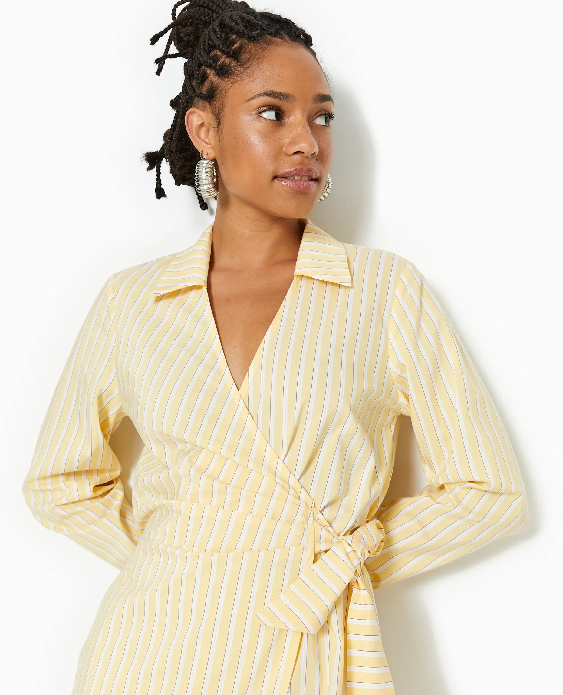 Robe Cache-cœur Courte Rayée - Beige