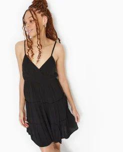 Robe Courte à Volants Encolure Croisée - Noir