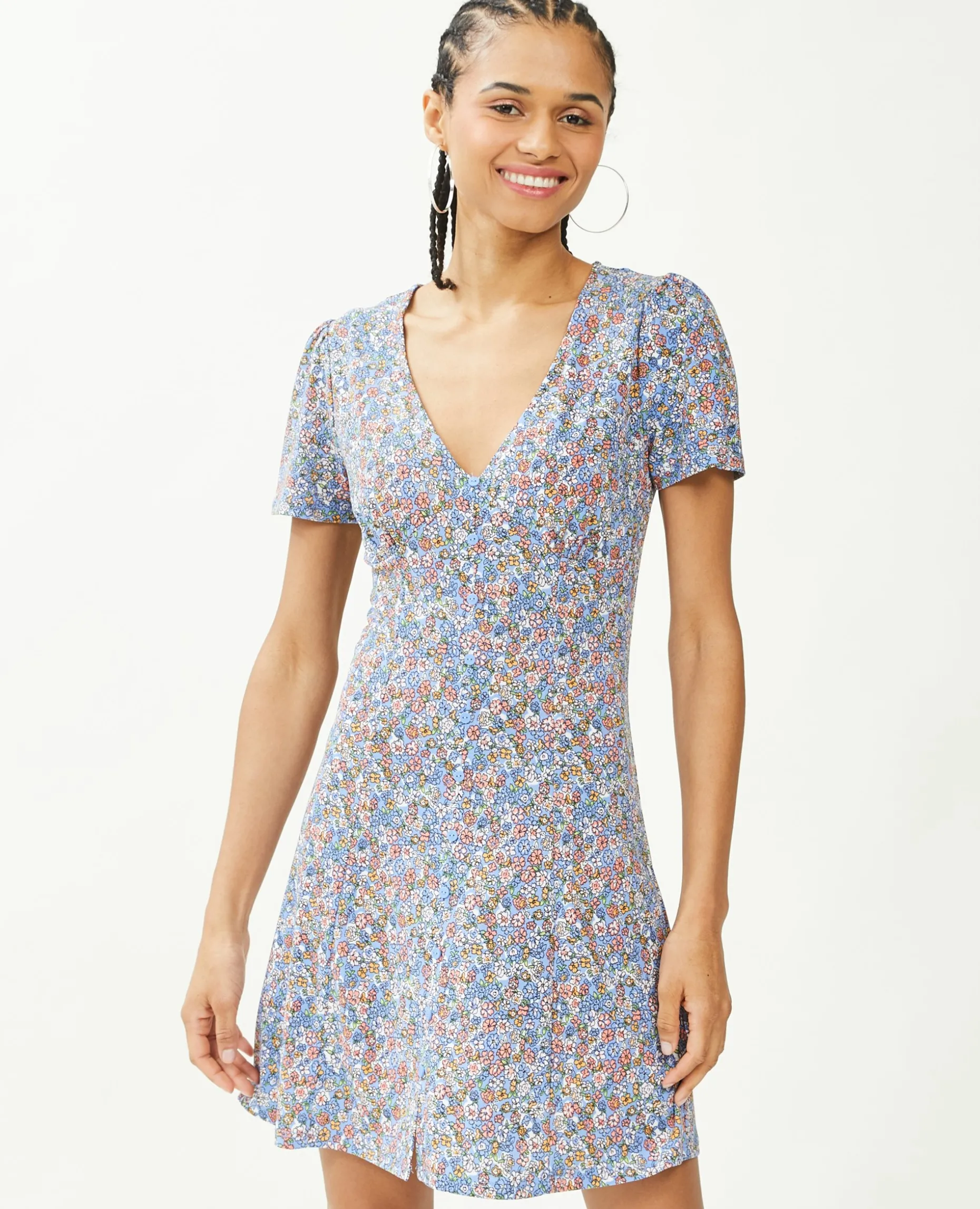 Robe Courte Avec Boutons - Bleu