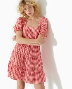 Robe Courte Avec Manches Ballons Motif Vichy - Rouge