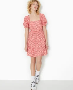 Robe Courte Avec Manches Ballons Motif Vichy - Rouge