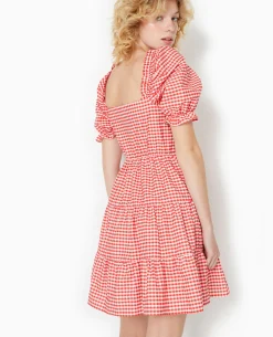 Robe Courte Avec Manches Ballons Motif Vichy - Rouge