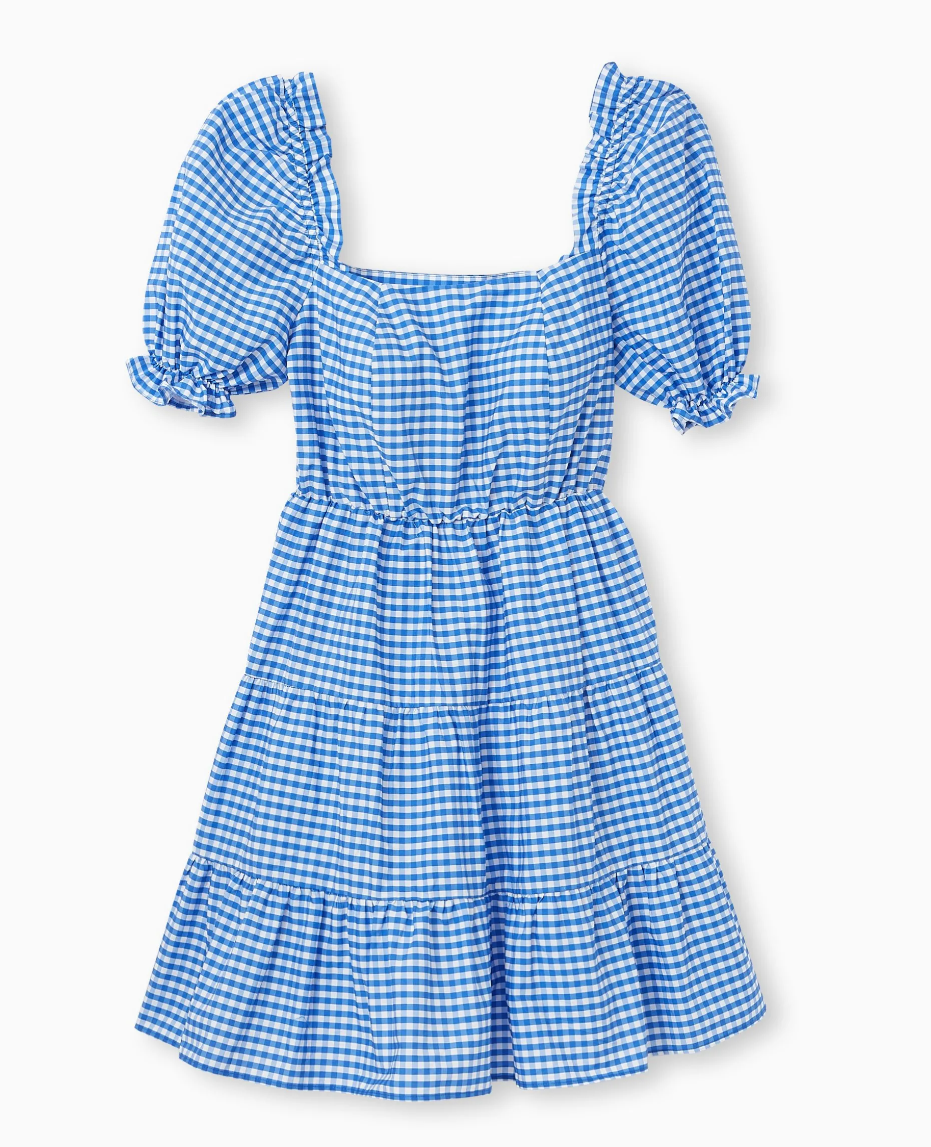 Robe Courte Avec Manches Ballons Motif Vichy - Bleu électrique