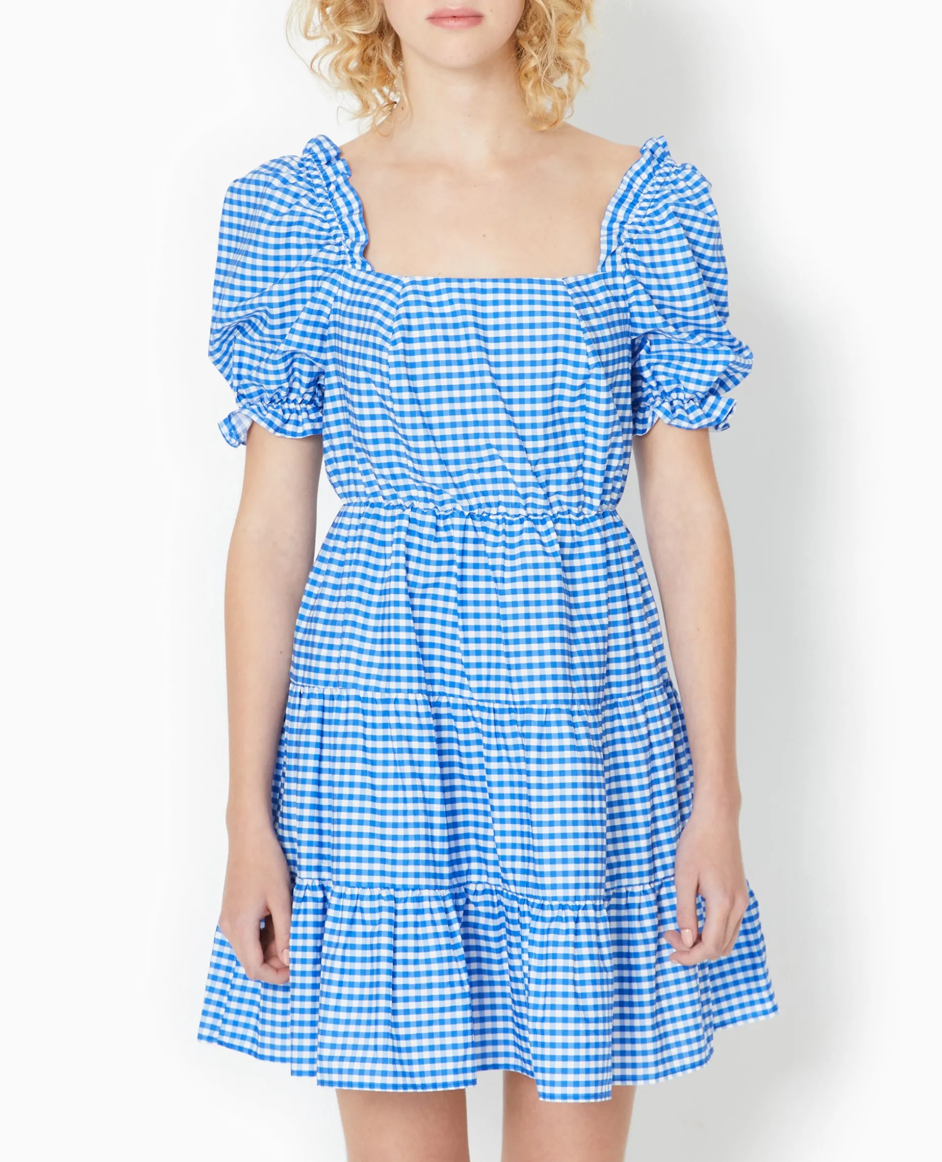 Robe Courte Avec Manches Ballons Motif Vichy - Bleu électrique