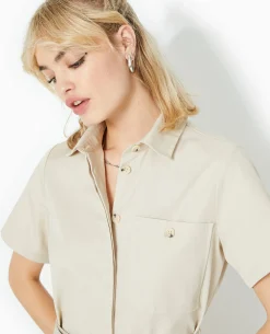 Robe Courte Boutonnée Style Saharienne - Beige