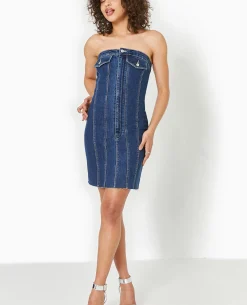 Robe Courte Forme Bustier En Jean - Bleu