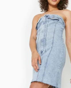 Robe Courte Forme Bustier En Jean - Bleu Clair