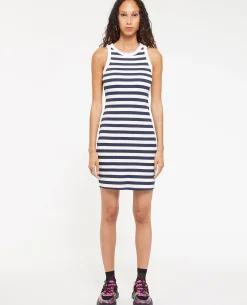 Robe Débardeur Maille Côtelée Rayée - Bleu