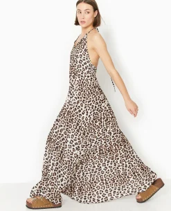 Robe Dos-nu En Tissu Satiné Plissé Motif Léopard - Marron