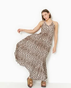 Robe Dos-nu En Tissu Satiné Plissé Motif Léopard - Marron