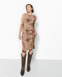 Robe En Mesh Manches Longues Longueur Midi - Marron