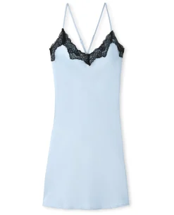 Robe En Satin Avec Dentelle Façon Nuisette - Bleu Clair