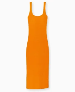 Robe Longue à Bretelles En Maille Côtelée - Orange