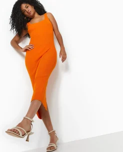 Robe Longue à Bretelles En Maille Côtelée - Orange