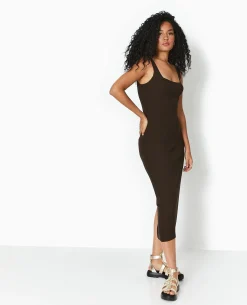 Robe Longue à Bretelles En Maille Côtelée - Marron