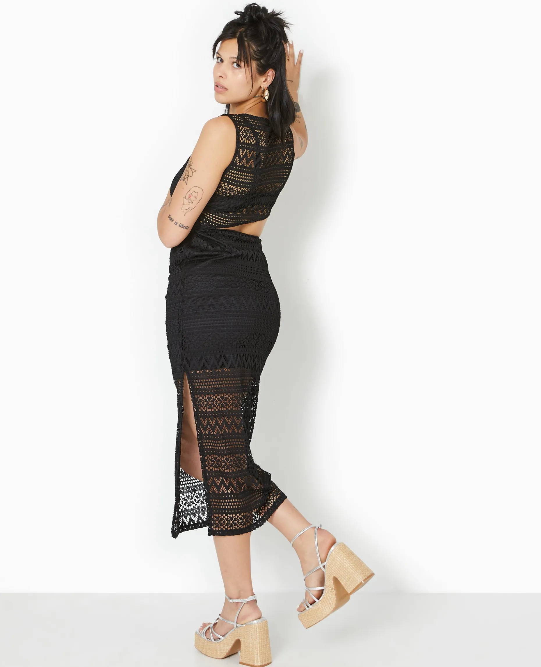 Robe Longue Asymétrique En Maille Façon Dentelle - Noir