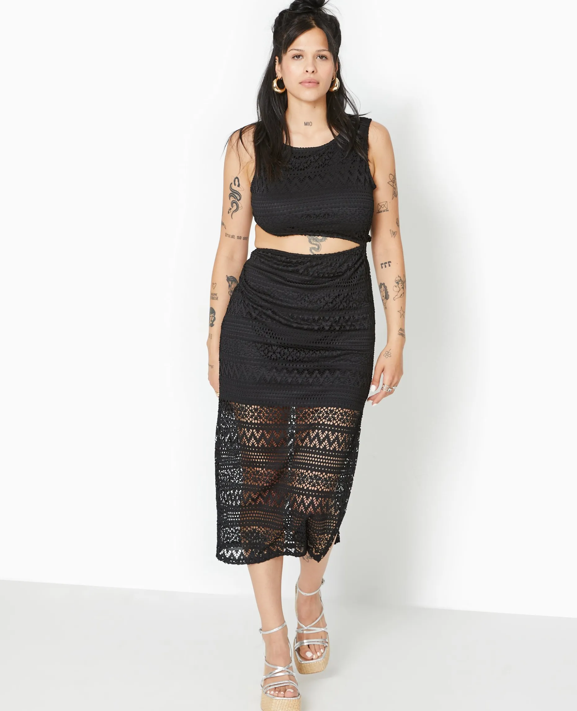 Robe Longue Asymétrique En Maille Façon Dentelle - Noir