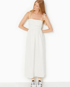Robe Longue Avec Smocks Motif Rayures - Blanc