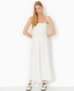 Robe Longue Avec Smocks Motif Rayures - Blanc