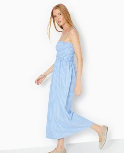 Robe Longue Avec Smocks Motif Rayures - Bleu
