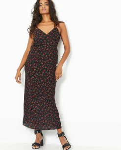 Robe Longue Bretelles Fines Motif Cerises - Noir