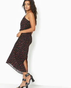 Robe Longue Bretelles Fines Motif Cerises - Noir