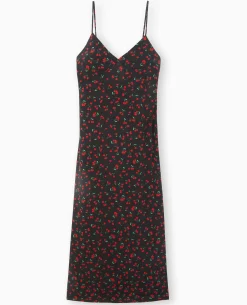 Robe Longue Bretelles Fines Motif Cerises - Noir