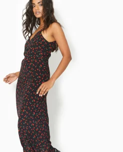 Robe Longue Bretelles Fines Motif Cerises - Noir