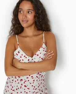 Robe Longue Bretelles Fines Motif Cerises - Blanc