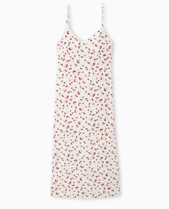 Robe Longue Bretelles Fines Motif Cerises - Blanc
