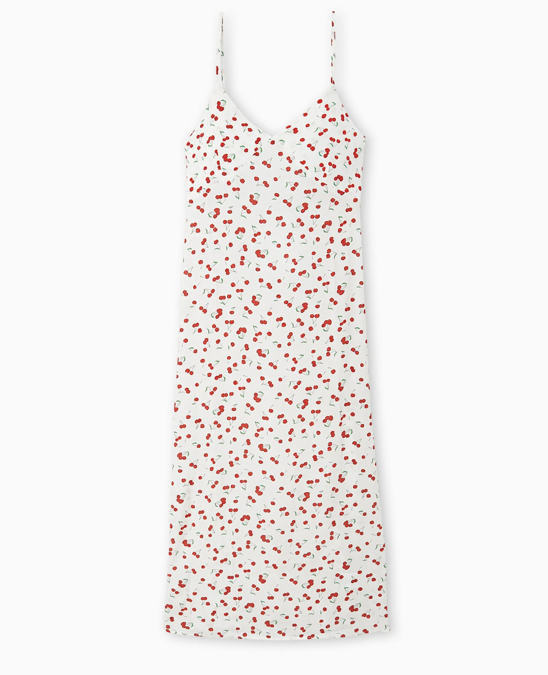 Robe Longue Bretelles Fines Motif Cerises - Blanc